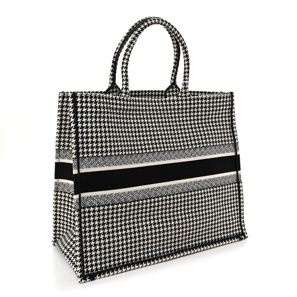 Canvas Houndstooth Embroidered Large Book Tote Black White