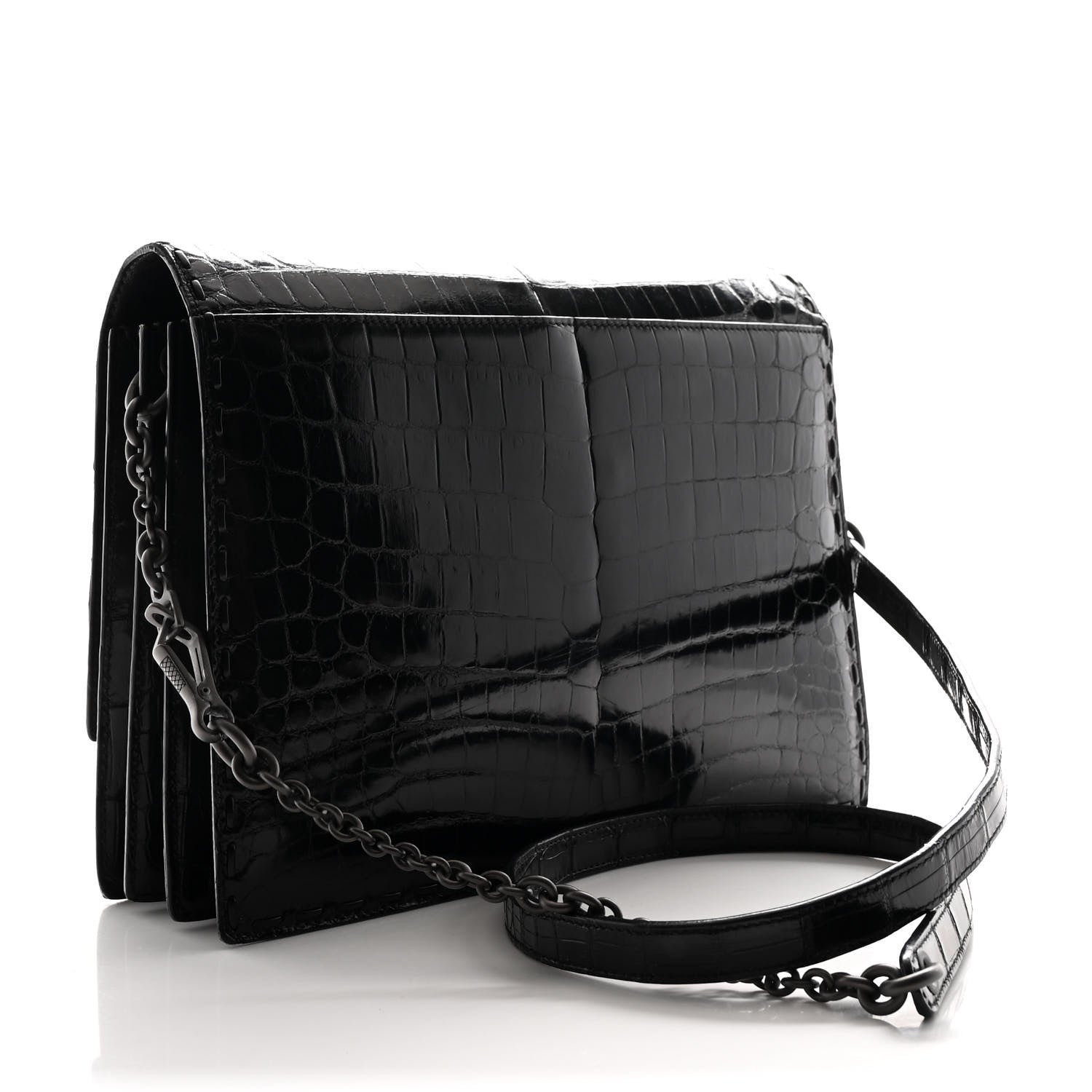 Crocodile Accordion Flap Shoulder Bag Black