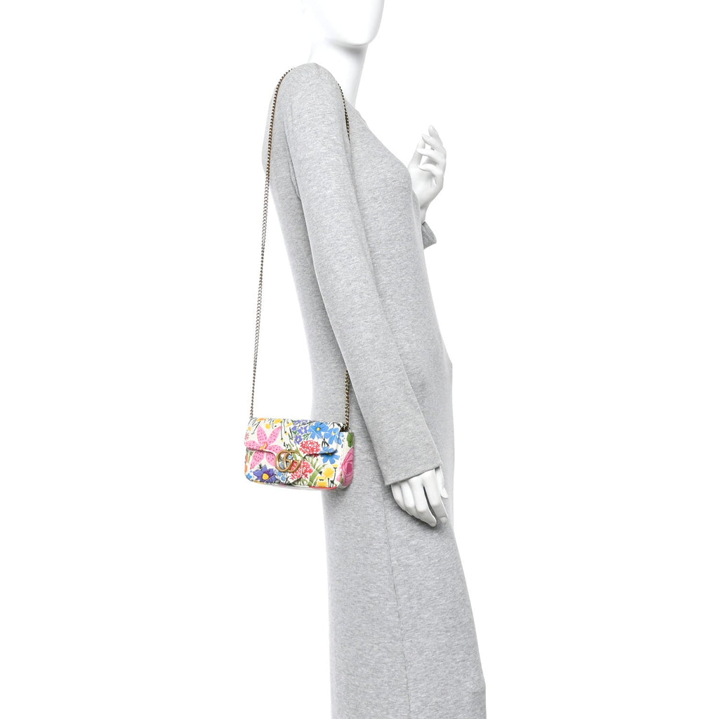 X KEN SCOTT Calfskin Matelasse Floral Print Super Mini GG Marmont Shoulder Bag Ivory Pink