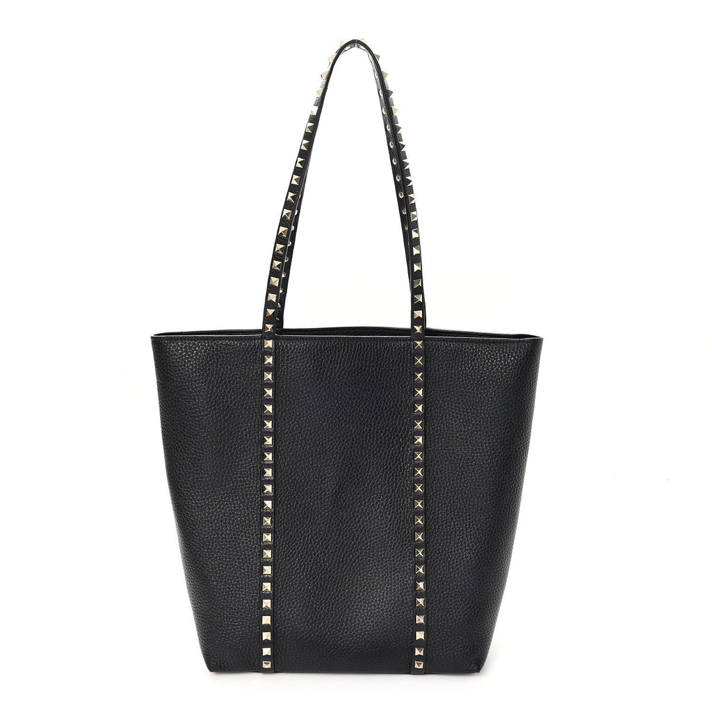 Grained Calfskin North South Rockstud Tote Black