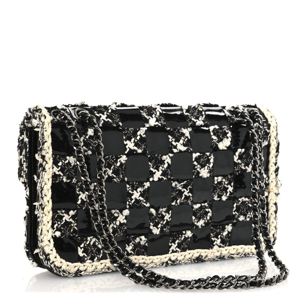 Tweed Patent Quilted Rectangular Flap Black White