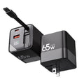 65W GaN Fast Charger with Three Ports and Integrated 80cm Retractable Type-C Cable for iPhone 16/15/14/13 Pro Max, Xiaomi, and Samsung Devices