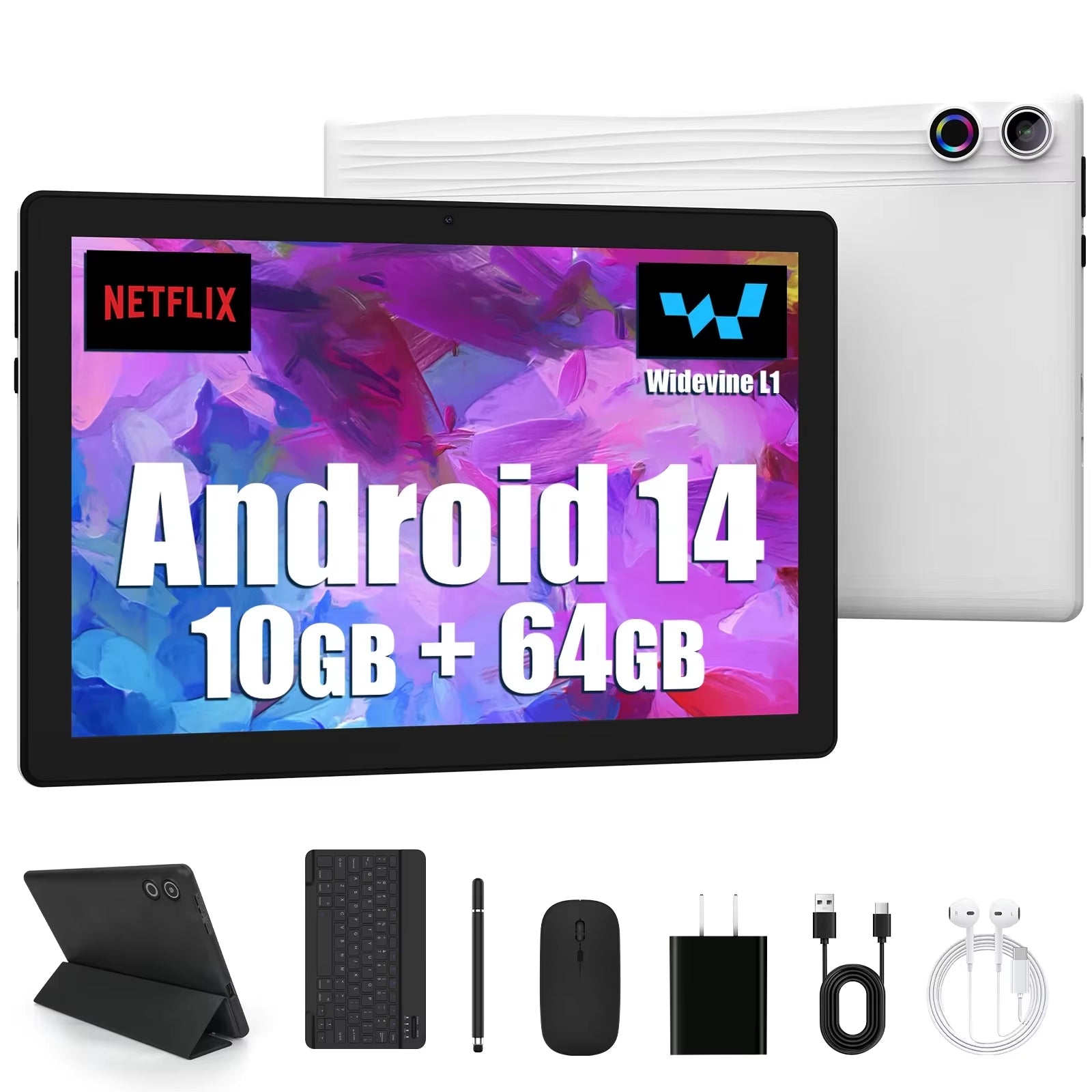 Android 15 Tablet - 10 Inch, 20GB RAM, 64GB Storage (Expandable to 1TB) with Widevine L1, GMS, 5000mAh Battery, Stylus, Keyboard, Mouse, Headphones