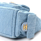 Washed Denim Quilted Large Trendy Pockets Hobo Blue