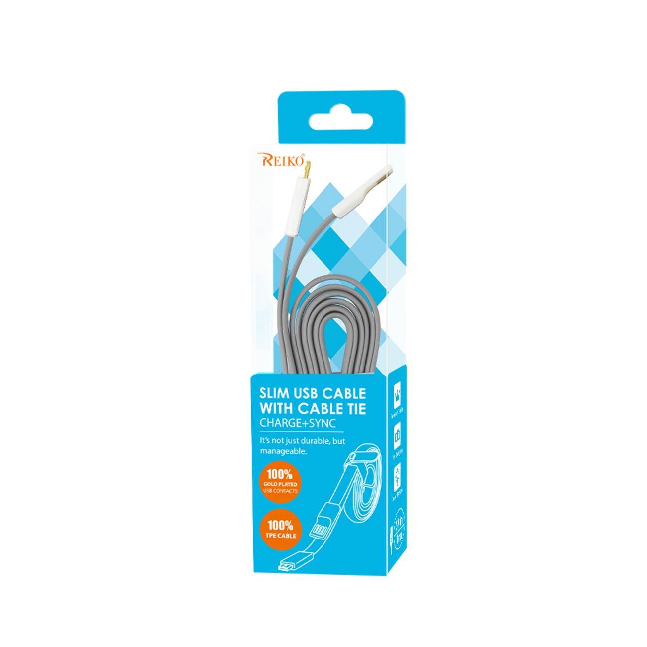 Reiko Flat Micro Usb Gold Plated Data Cable 3.9Ft With Cable Tie In Gray