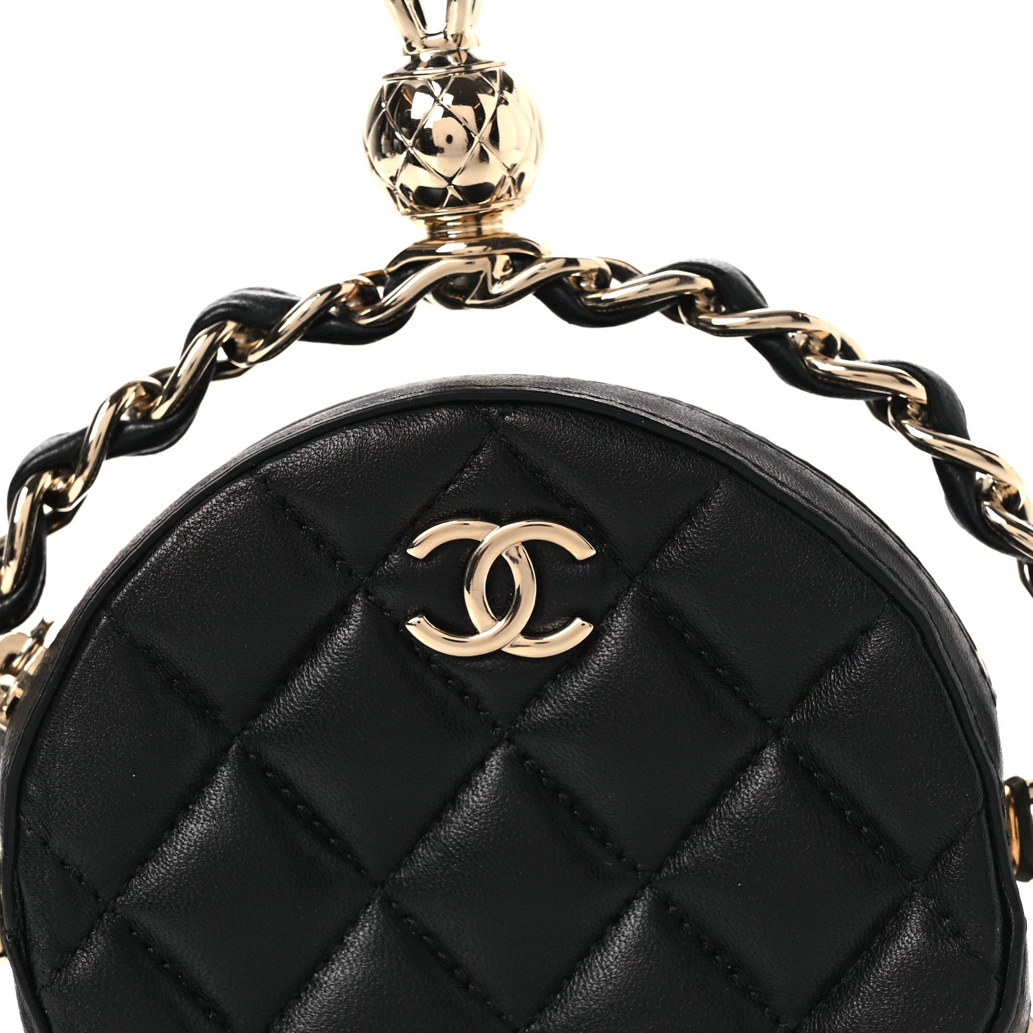 Lambskin Quilted Chain Round Mini Clutch Black