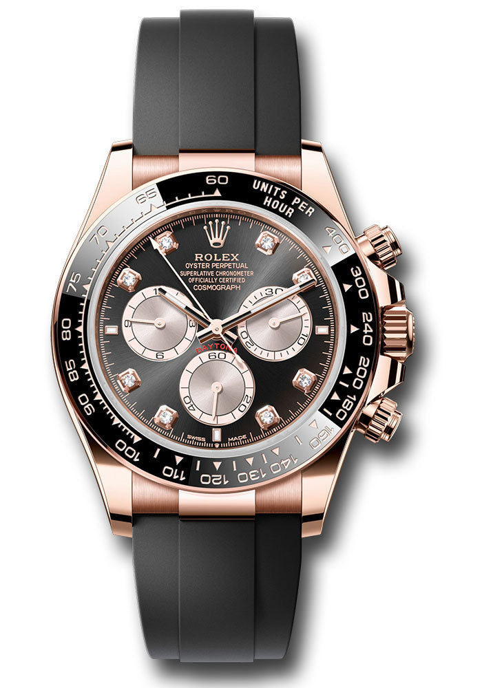Rolex Everose Gold Cosmograph Daytona Watch - Black Cerachrom Bezel - Black And Sundust Diamond Dial - Oysterflex Strap