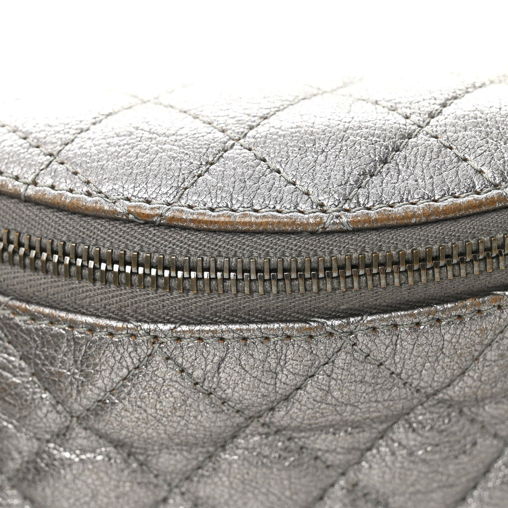 Metallic Calfskin Quilted Banane Waist Bag Fanny Pack Dark Silver