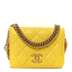 Lambskin Quilted Enamel Logo Flap Card Holder On Chain Yellow