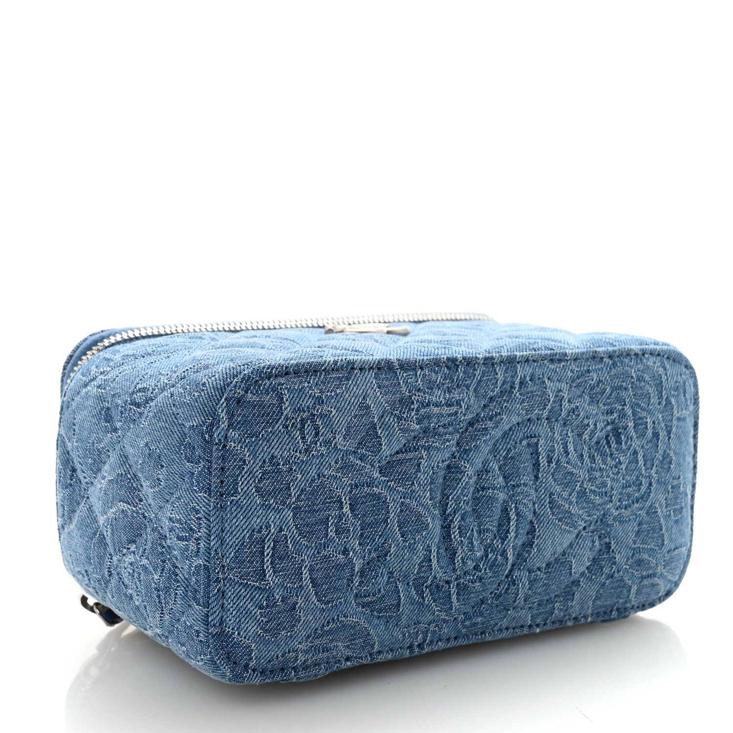 Denim Quilted Sweetheart Small Vanity Case With Chain Blue