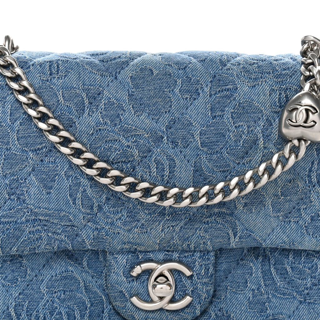Denim Quilted Camellia Sweetheart Mini Flap Blue