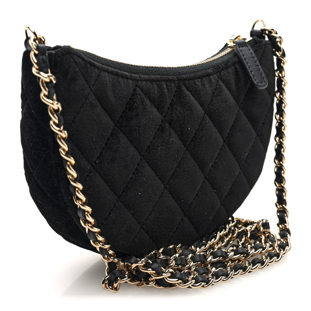 Velvet Crystal Quilted Chain Hobo Black
