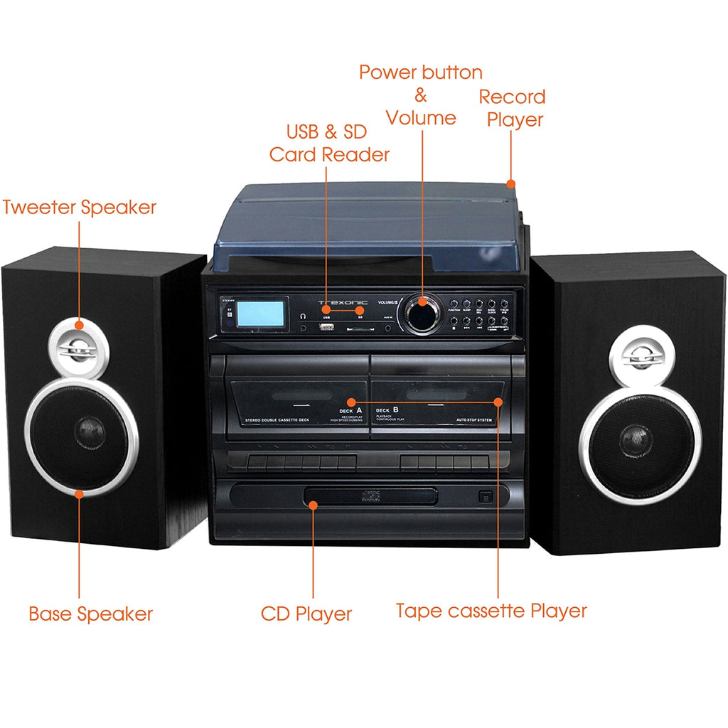 3-Speed Vinyl Turntable Home Stereo System with CD Player, Dual Cassette Player, Bluetooth, FM Radio & USB/SD Recording and Wired Shelf Speakers