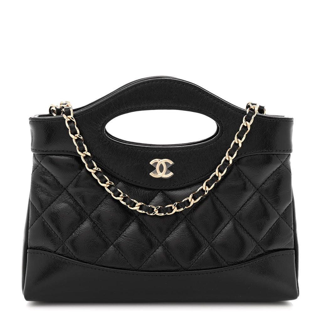 Shiny Crumpled Calfskin Quilted Nano 31 Shopping Bag Black