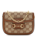 New Canvas Charisma Calfskin Crystal GG Monogram Mini Horsebit 1955 Shoulder Bag Camel Ebony