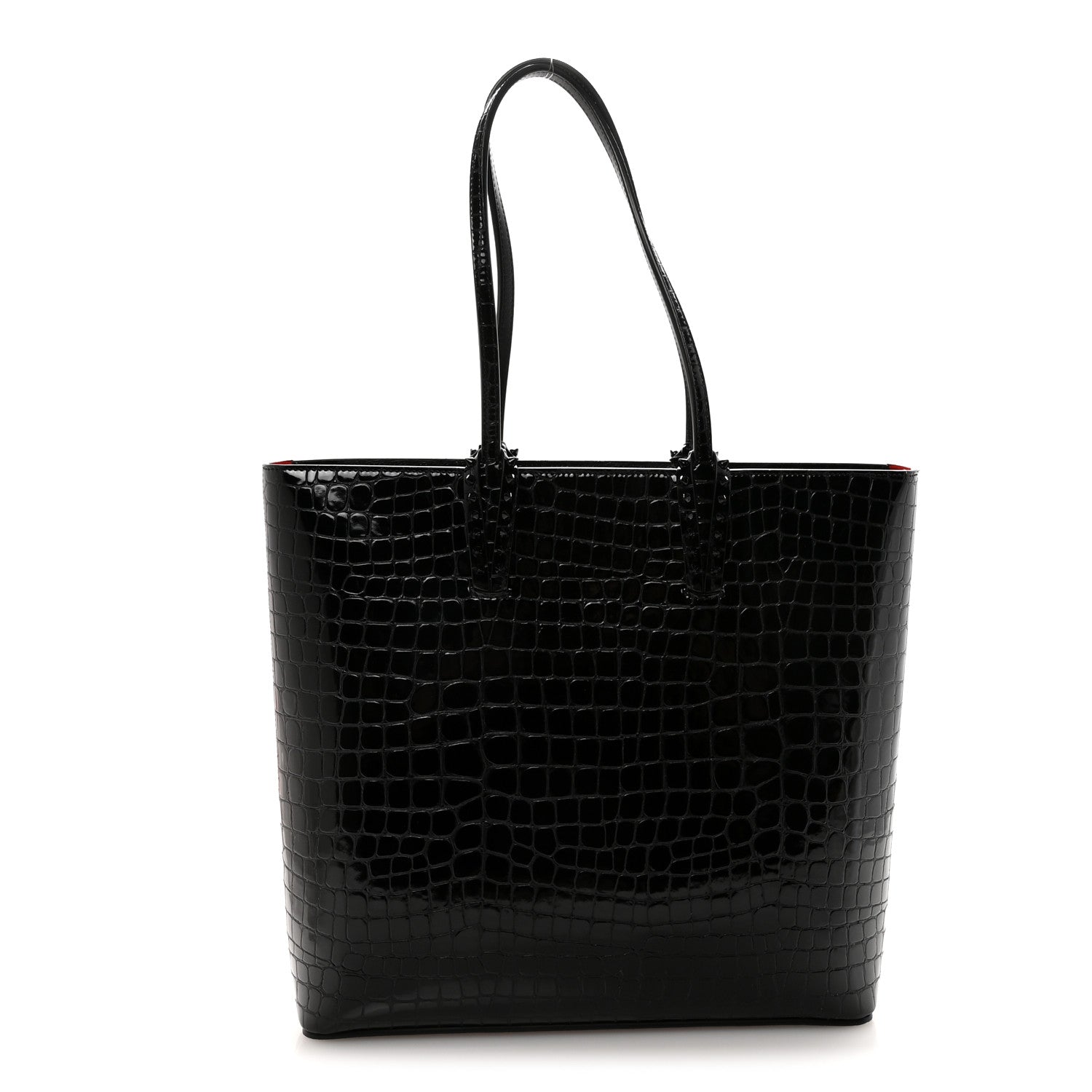 Patent Calfskin Crocodile Embossed Spikes Zipped Cabata Tote Black