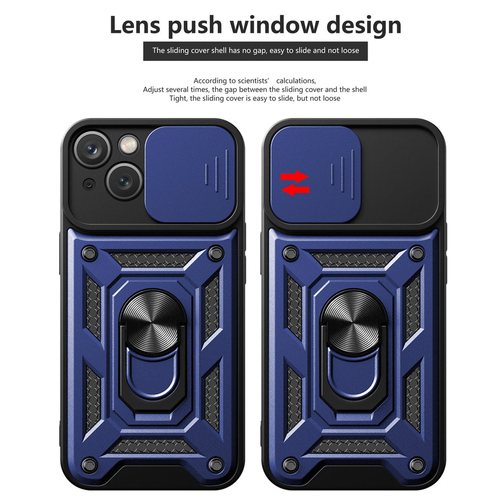 Kickstand Ring Holder With Slide Camera Cover Tpu Magnetic Car Mount For Apple Iphone 14 In Blue
