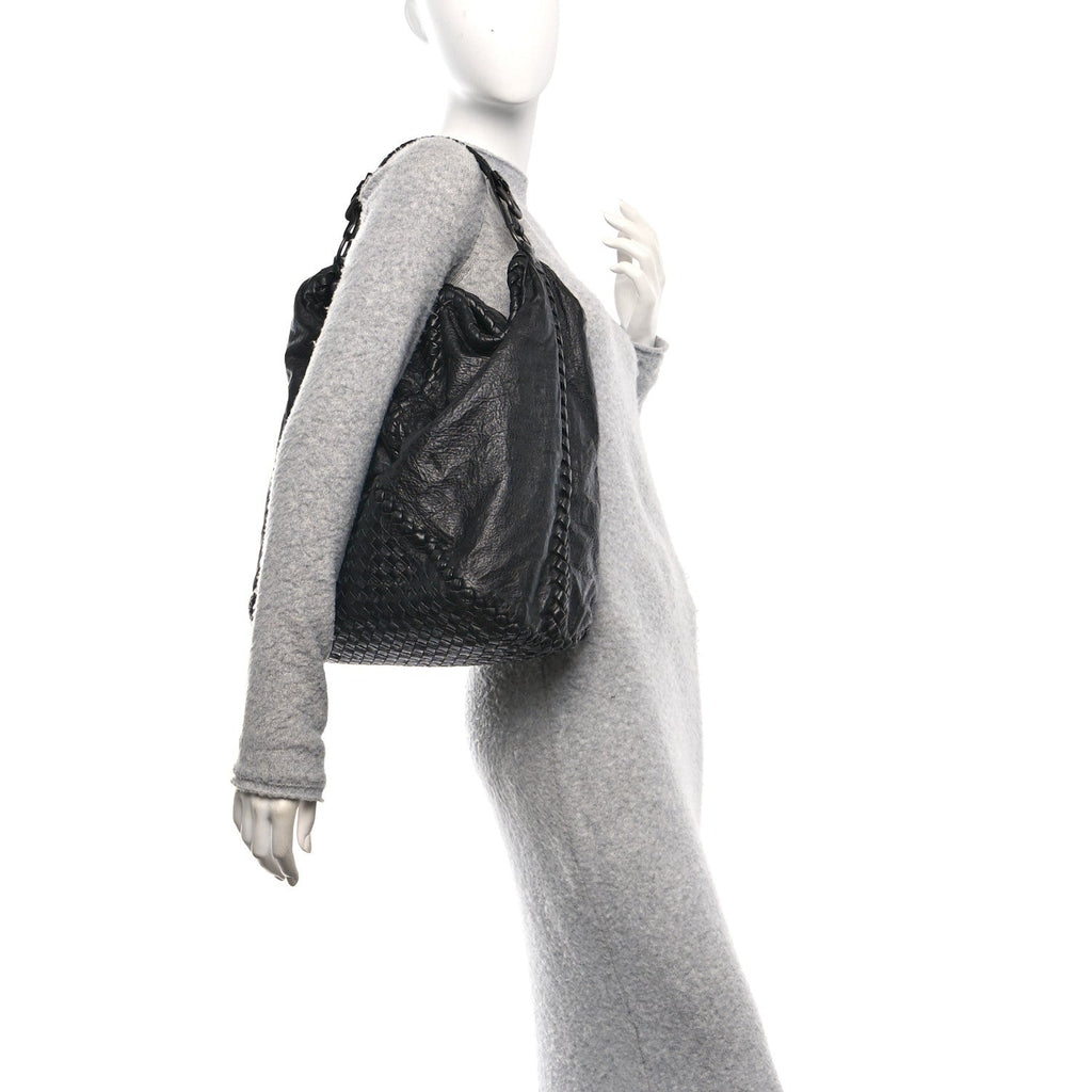 Grained Lambskin Intrecciato Large Shoulder Bag Black