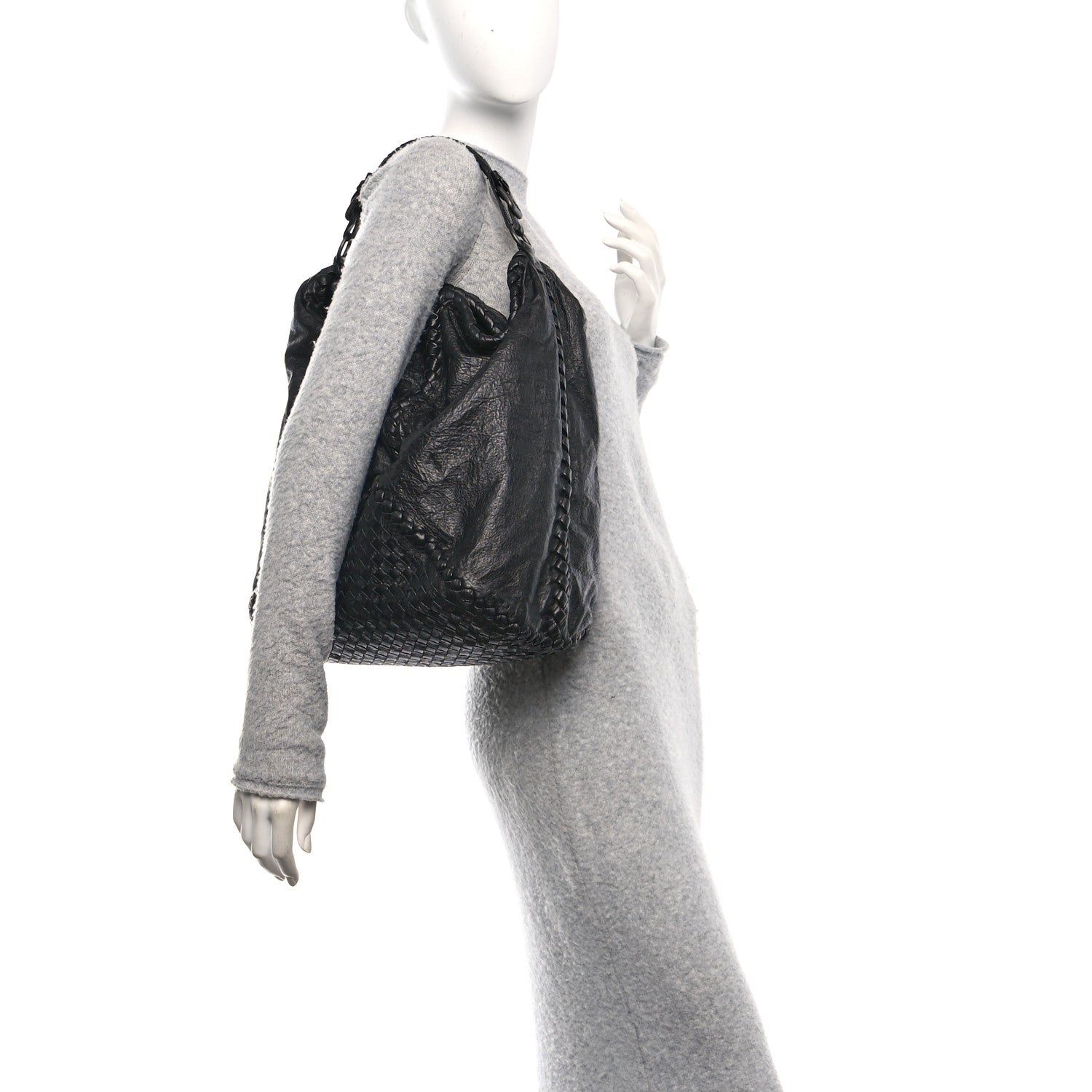 Grained Lambskin Intrecciato Large Shoulder Bag Black