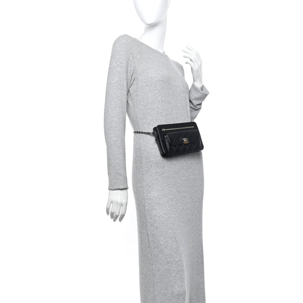 Lambskin Quilted Front Pocket Clutch With Chain Black