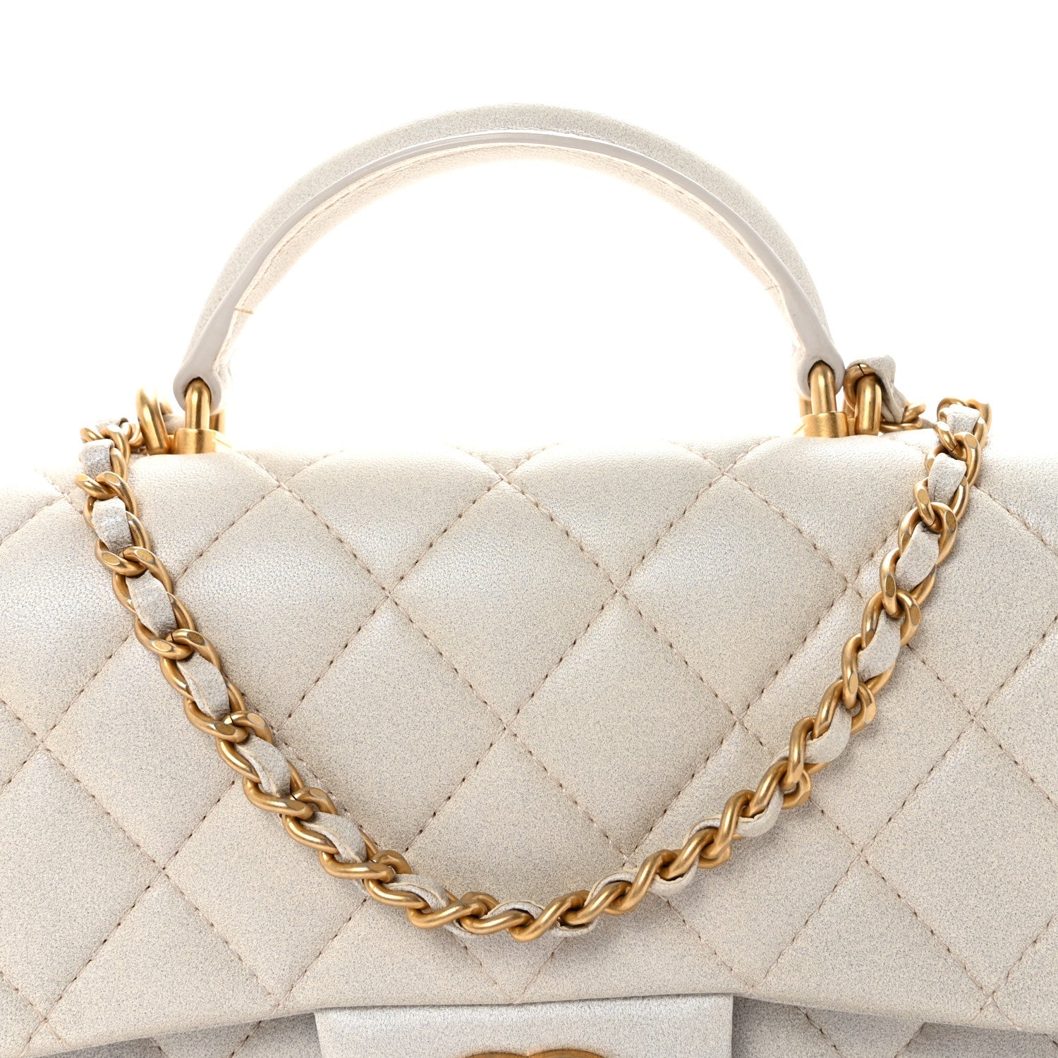 Iridescent Lambskin Quilted Mini Top Handle Rectangular Flap White