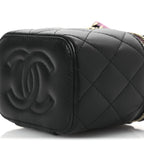 Lambskin Quilted Top Handle Mini Vanity Case With Chain Black Pink