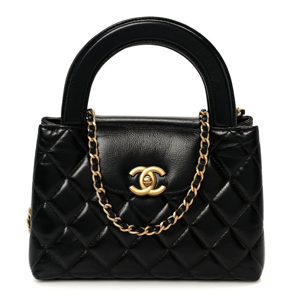 Shiny Aged Calfskin Quilted Nano Kelly Shopper Black