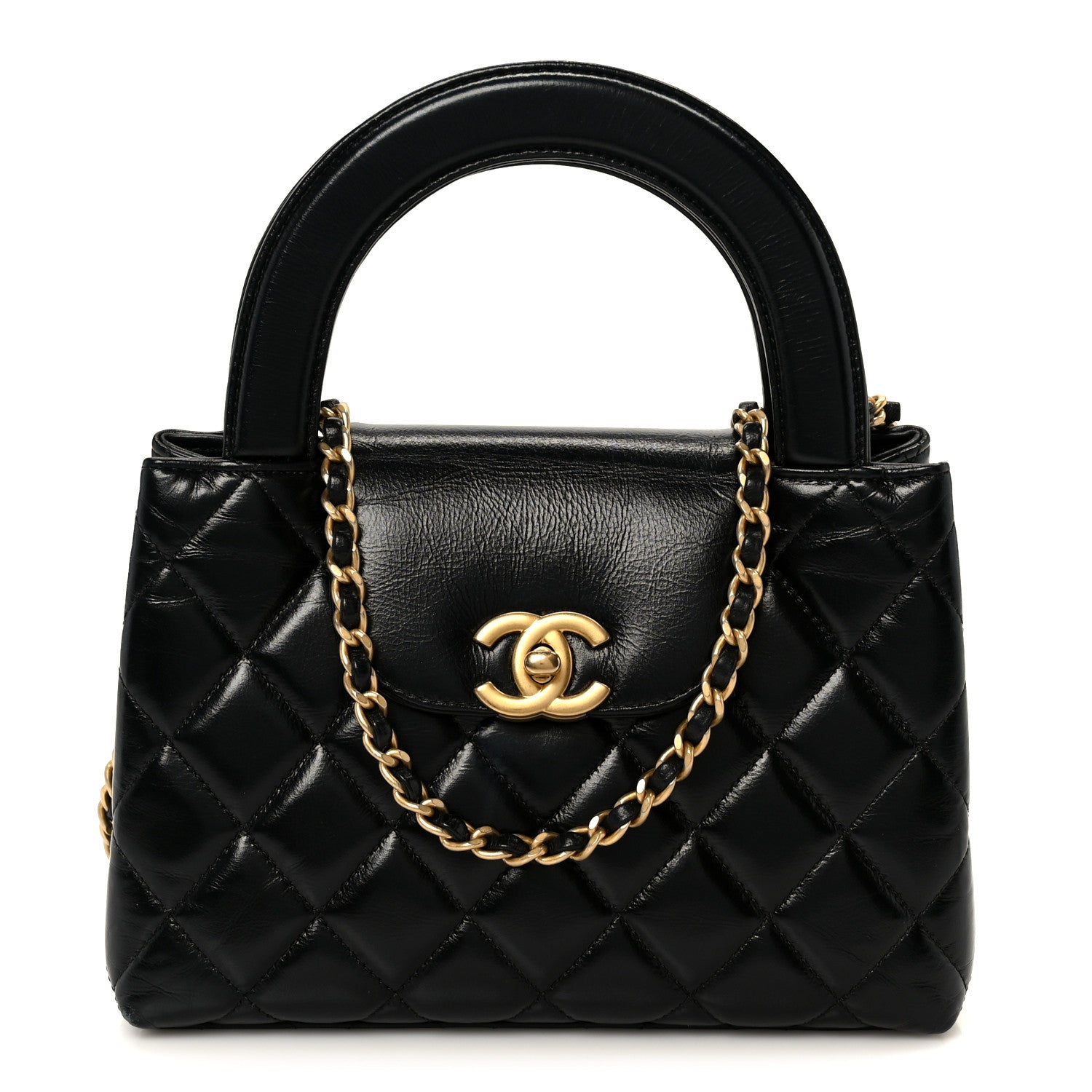 Shiny Aged Calfskin Quilted Nano Kelly Shopper Black