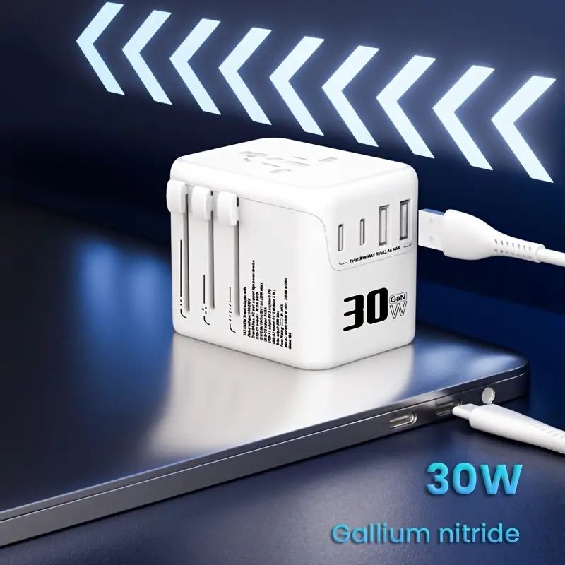 30W GaN Universal Travel Adapter - 2 USB-A + 2 USB-C | Supports Laptops/Hair Dryers | European & Worldwide Plug Adapter | UK/US/AU Compatible