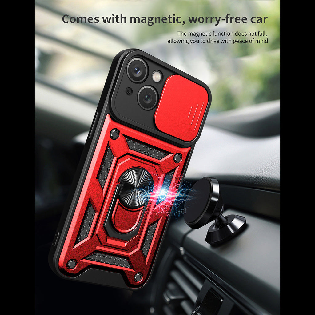 Kickstand Ring Holder With Slide Camera Cover Tpu Magnetic Car Mount For Apple Iphone 15 In Red