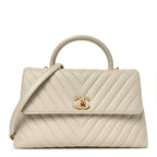 Caviar Chevron Quilted Medium Coco Handle Flap White