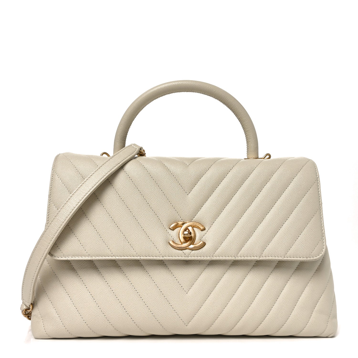 Caviar Chevron Quilted Medium Coco Handle Flap White
