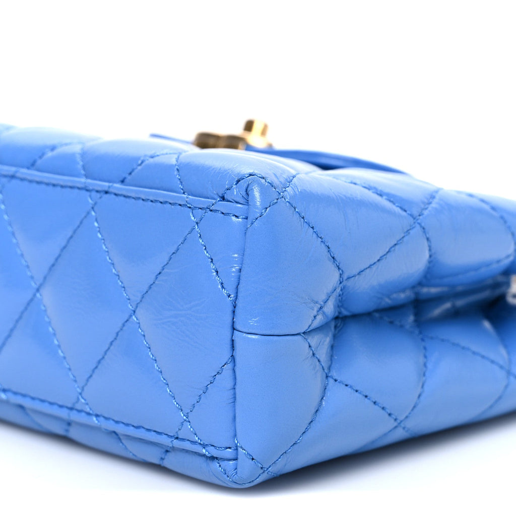 Shiny Aged Calfskin Quilted Nano Kelly Shopper Blue