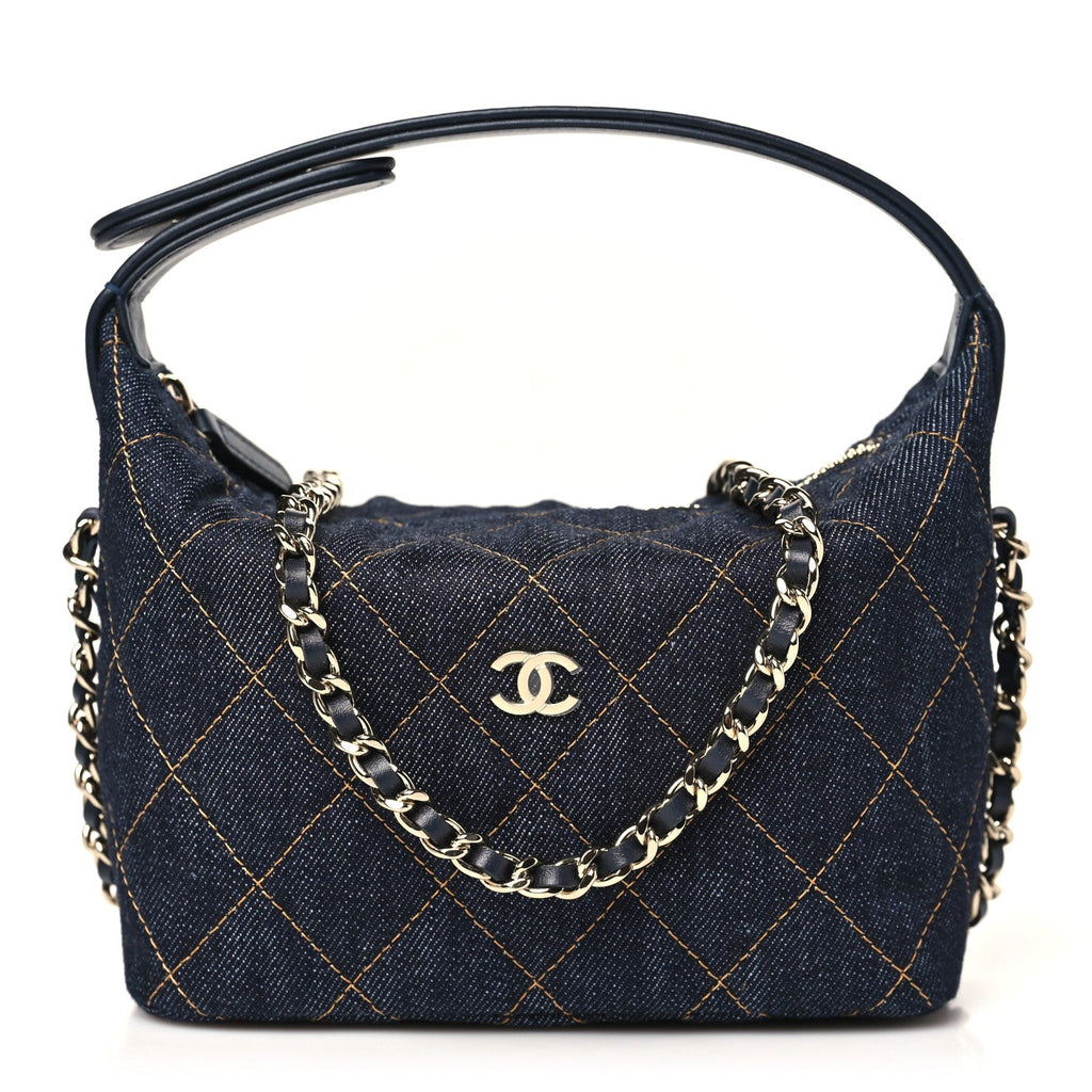 Denim Quilted Hobo Clutch With Chain Dark Blue Orange
