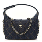Denim Quilted Hobo Clutch With Chain Dark Blue Orange