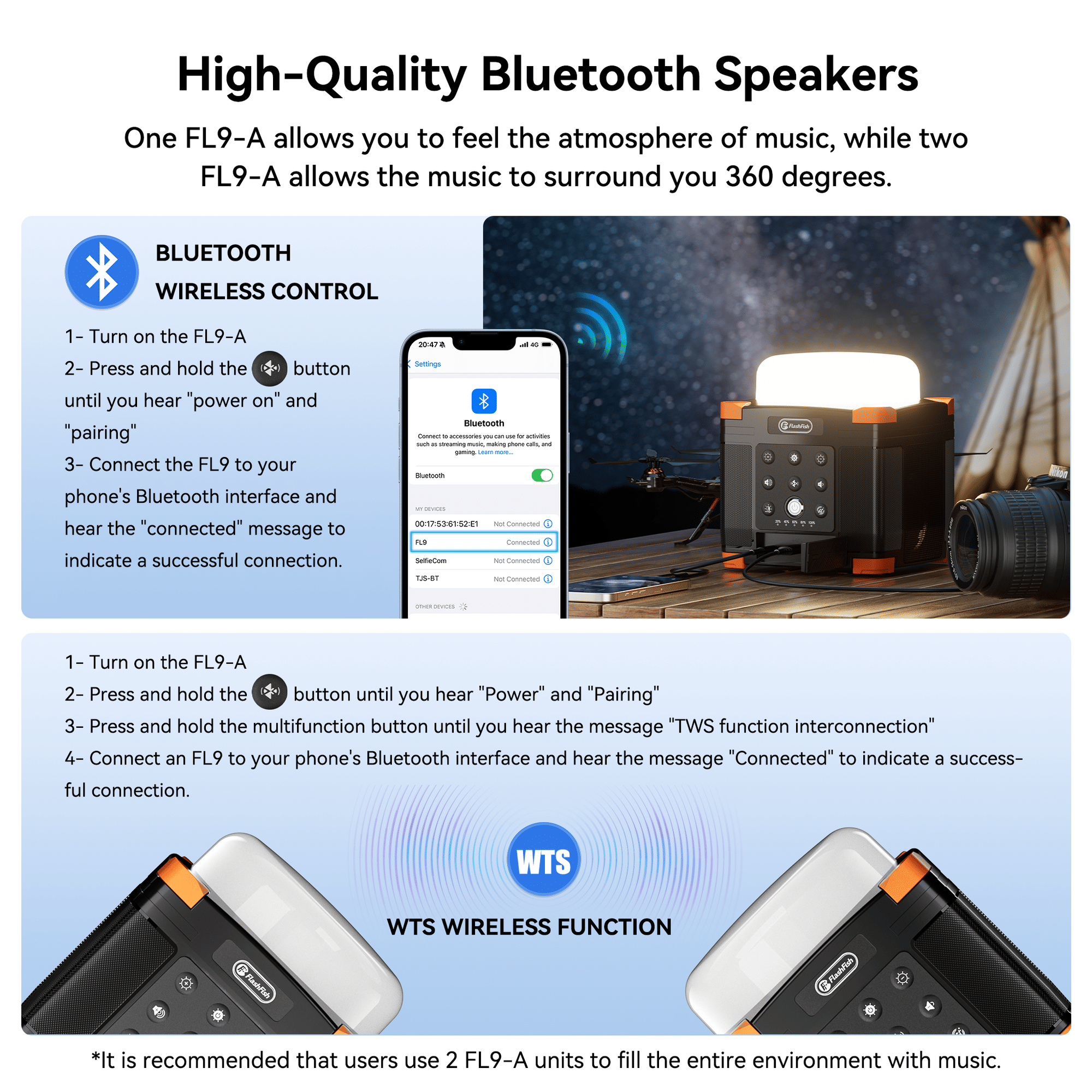 Multi-function Bluetooth Speaker | 56Wh Power Bank | Camping Light, 360° Surround Sound, USB-C, Bluetooth 5.0, 3-in-1 Power/Speaker/Home, Party, Outdoor Lighting