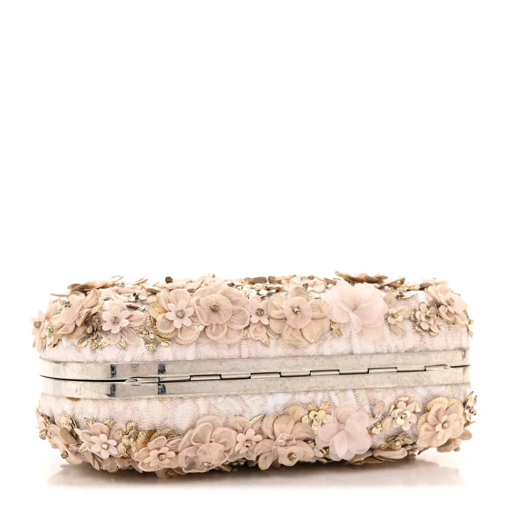 Flower Appliqued Silk Brocade Skull Box Clutch Light Pink