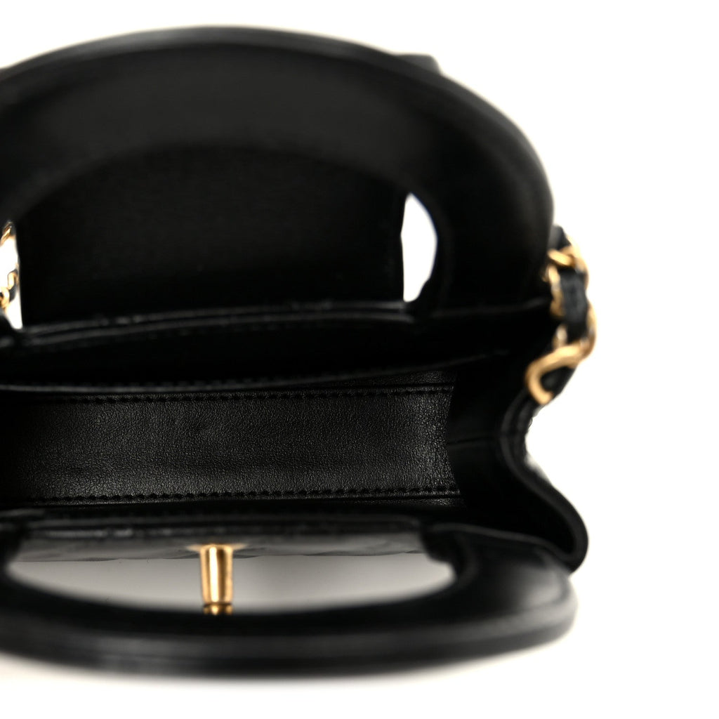 Shiny Aged Calfskin Quilted Mini Nano Kelly Shopper Black
