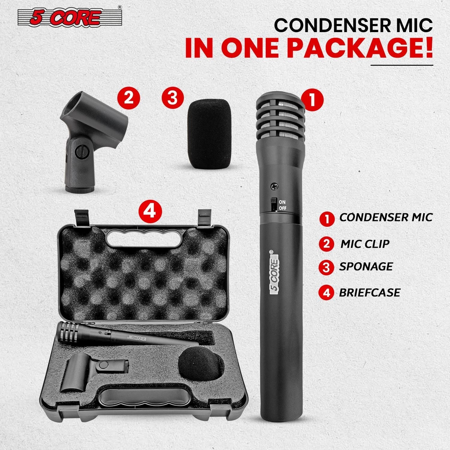 Professional Instrument Microphone Pencil Mic Condenser Cardioid Unidirectional Stick Microfono with Windscreen Mic Clip & Case - INSTRU MIC 100 BLK