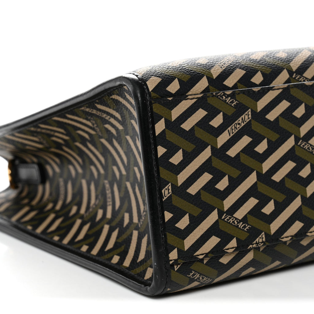 Coated Canvas Calfskin La Greca Signature Tote Bag Black Khaki