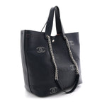 Calfskin Tweed Small Logo Eyelets Shopping Tote Navy Blue