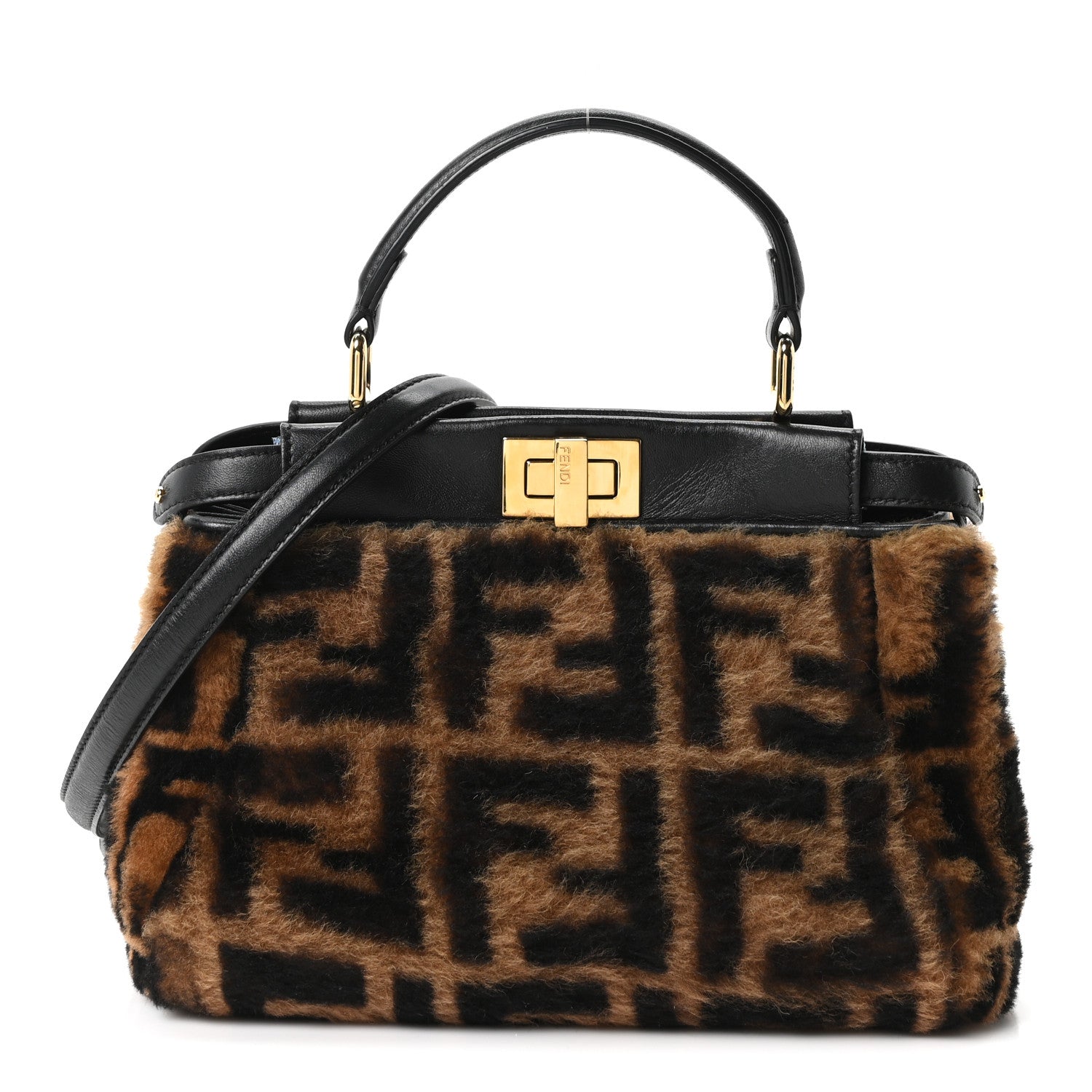 Shearling Nappa Macro FF 1974 Mini Peekaboo Iconic Satchel Tobacco Black