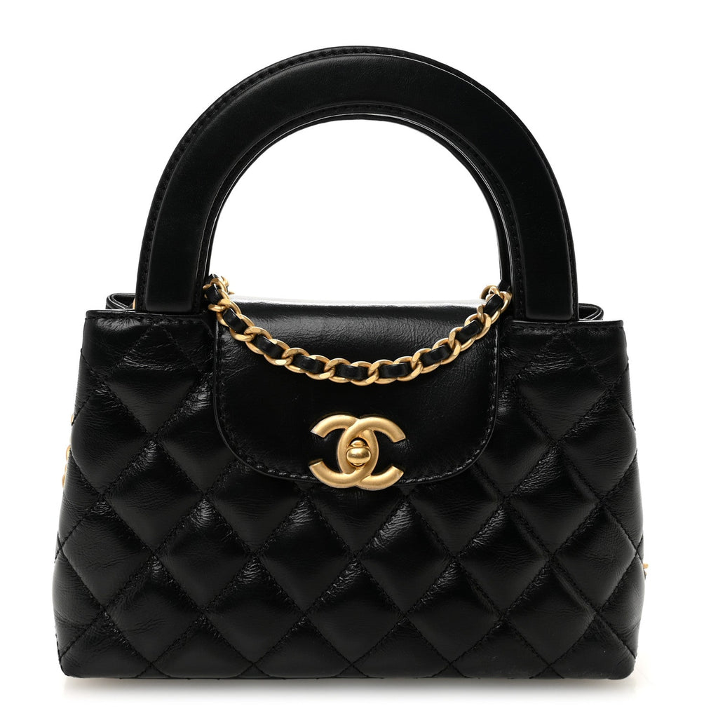 Shiny Aged Calfskin Quilted Nano Kelly Shopper Black