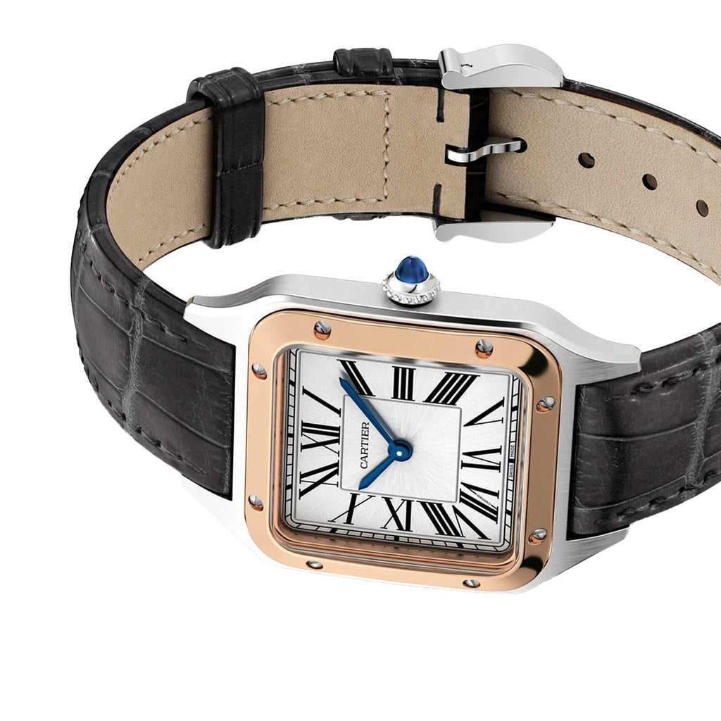 Santos-Dumont | 27mm, Two-Tone Stainless Steel & 18K Rose Gold, Alligator Leather, Silver Dial