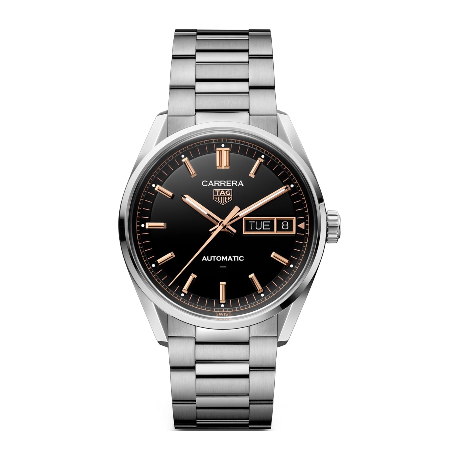 Carrera Day-Date | 41mm, Stainless Steel, Black & Rose Gold Dial