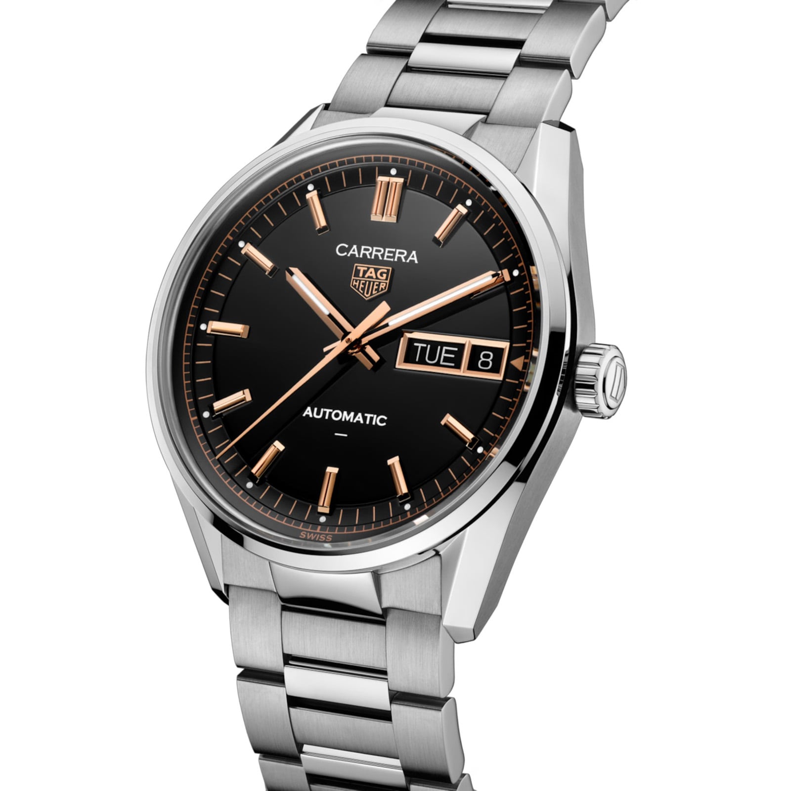 Carrera Day-Date | 41mm, Stainless Steel, Black & Rose Gold Dial