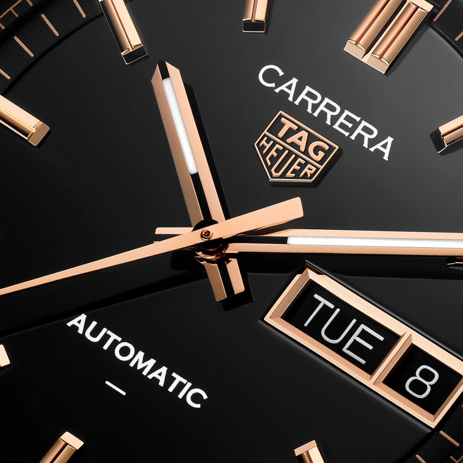 Carrera Day-Date | 41mm, Stainless Steel, Black & Rose Gold Dial