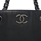 Metallic Grained Calfskin Medium Woven Chain Shopping Bag Black