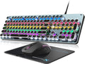 Typewriter Style Mechanical Gaming Keyboard Blue Switch, Rainbow LED Backlit Wired Computer Keyboards Mouse and Pad Combo, Metal Panel Retro Punk Round Keycaps, 104 Keys Anti-Ghost for PC Laptop Gamer
