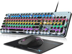 Typewriter Style Mechanical Gaming Keyboard Blue Switch, Rainbow LED Backlit Wired Computer Keyboards Mouse and Pad Combo, Metal Panel Retro Punk Round Keycaps, 104 Keys Anti-Ghost for PC Laptop Gamer